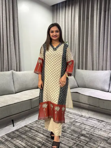 [2580] Black & Beige Mull Chanderi Lotus Print Kurta Set