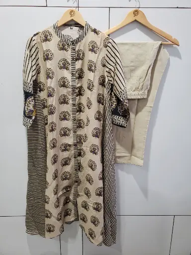 [2581] Beige Peacock Motif Viscose Muslin Kurta Set