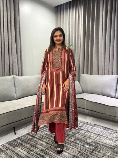 [2584] Rust Red & Beige Striped Viscose Muslin Kurta Set with Dupatta