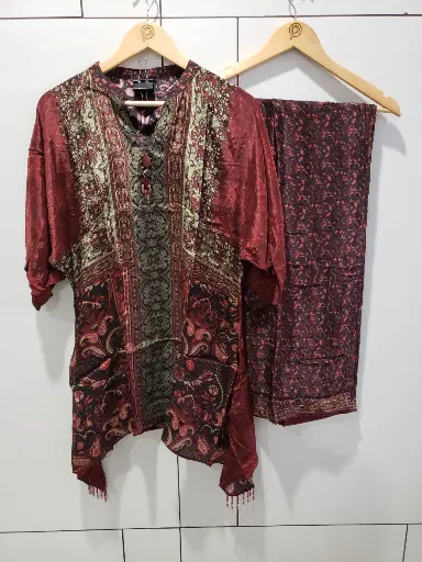 [2585] Wine Red Paisley Printed Natural Crepe Co-ord Set