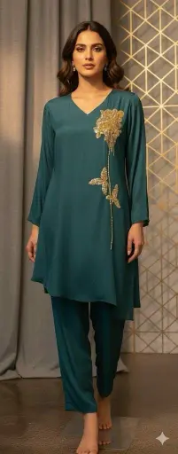[2590] Teal Green Pure Chinon Co-Ord Set
