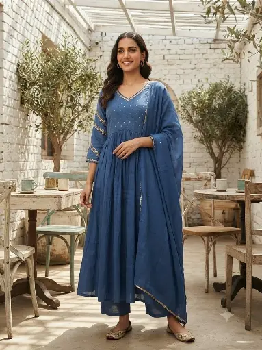 [2596] Sapphire Blue Pure Mull Chanderi 3-Piece Kurta Set