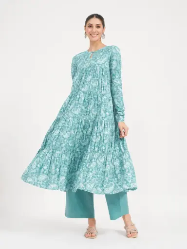 [2610] Firozi Paisley Printed Pure Cotton Anarkali Kurta