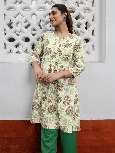 Off White Green Pure Cotton Floral Printed A-Line Tunic