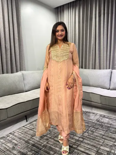 [2664] Rose Gold Tissue Embroidered Kurta Set