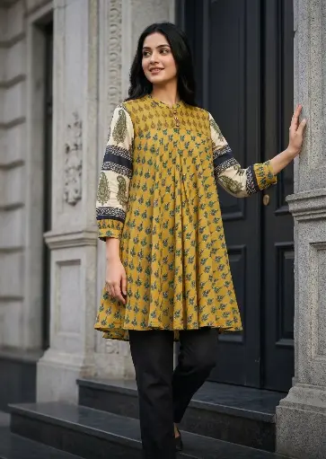 [2684] Mustard Yellow Leaf Print Pure Muslin Tunic