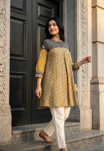 [2685] Mustard Yellow Geometric Ajrakh Print Pure Muslin Tunic