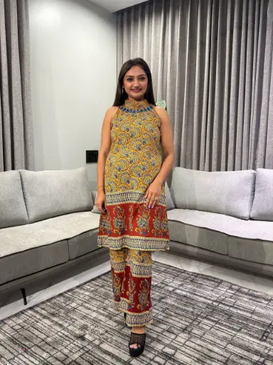[2686] Kalamkari Mustard Flex Cotton Co-Ord Set