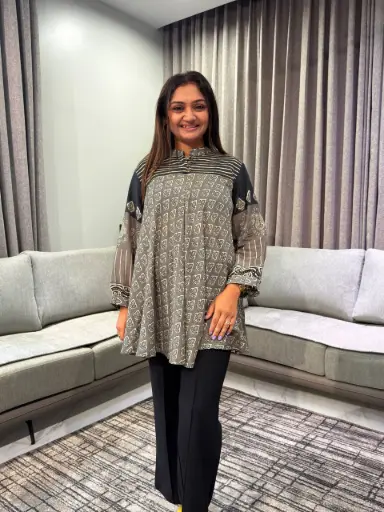 [2694] Charcoal Grey Leaf Print Pure Muslin Tunic