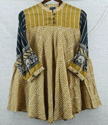[2696] Mustard Gold & Off-White Abstract Geometric Pure Muslin Tunic