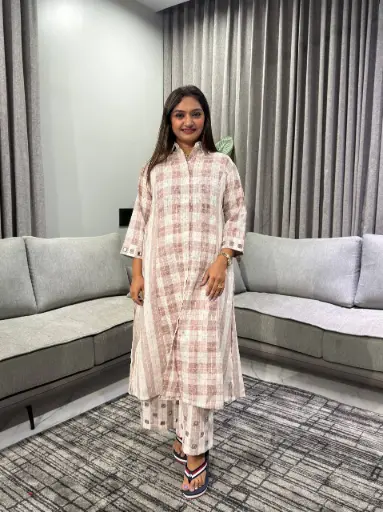 [2711] Taupe & Off-White Checked Handloom Cotton Shirt Kurta Set
