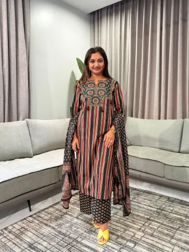 [2719] Black Heritage Stripe Pure Cotton 3-Piece Set