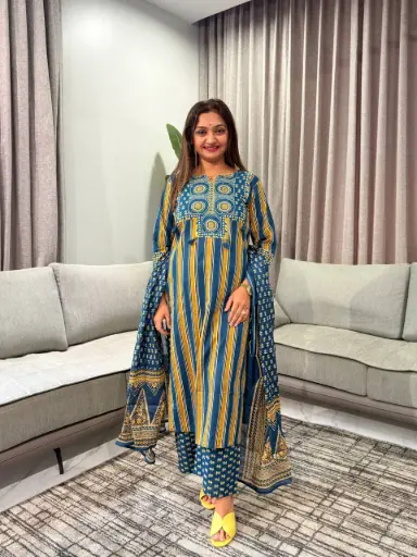 [2721] Indigo Heritage Stripe Pure Cotton 3-Piece Set