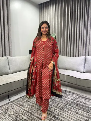 [2730] Brick Red Kalamkari Floral Block Print Pure Cotton Kurta Set