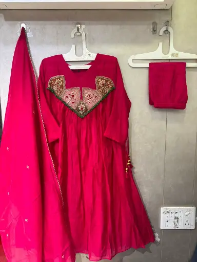 [2745] Cherry Red Hand-Worked Patch Yoke Banarasi Mull Chanderi Anarkali Set