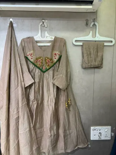 [2746] Muted Gold Hand-Worked Patch Yoke Banarasi Mull Chanderi Anarkali Set