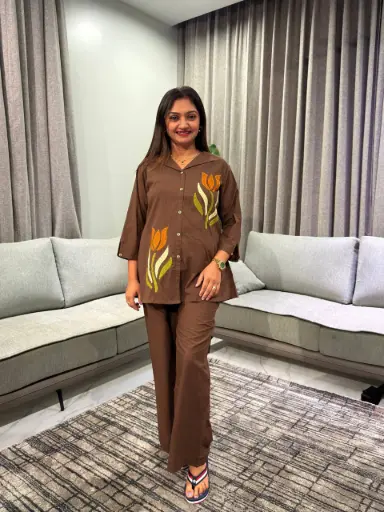 [2761] Mocha Brown Tulip Applique Pure Cotton Co-Ord Set