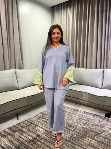 [2763] Slate Blue Embroidered Sleeve Pure Cotton Co-Ord Set