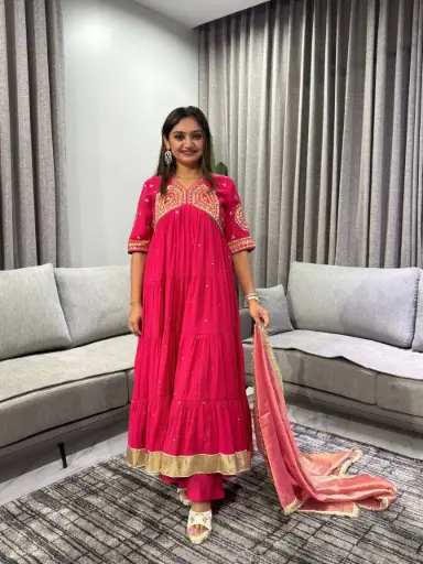 [2778] Rani Pink Zari Anarkali Set