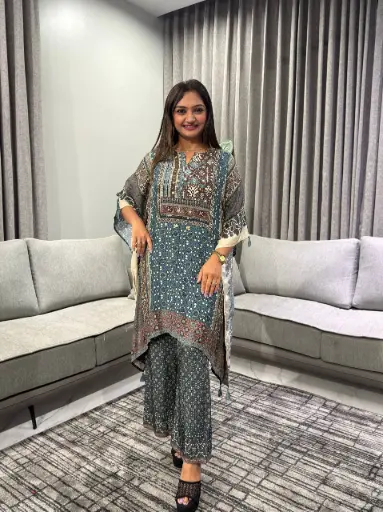 [2791] Slate Blue Ajrakh Printed Natural Crepe Kaftan Set