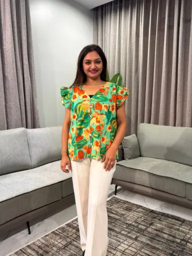 [2806] Mint Green Floral Print Flutter Sleeve Rayon Top