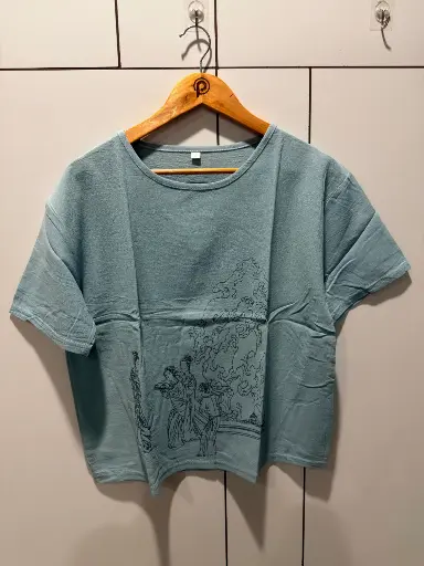 [2816] Dusty Sea Green Oriental Sketch Printed Imported Linen Top
