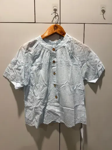 [2817] Powder Blue Schiffli Embroidered Free Size Linen Top