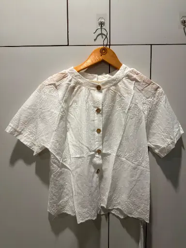 [2819] Pure White Schiffli Embroidered Free Size Linen Top