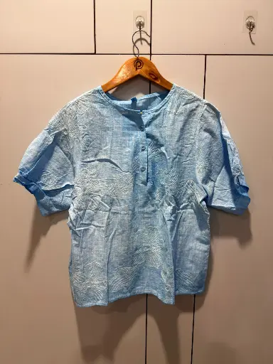 [2820] Sky Blue Floral Threadwork Free Size Linen Top