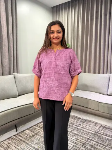 [2824] Mauve Purple Floral Threadwork Free Size Linen Top