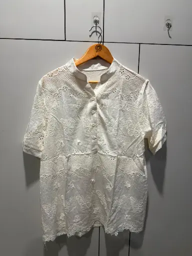 [2826] Off-White Butterfly Schiffli Embroidered Free Size Long Linen Top
