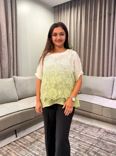 [2829] Ombre Olive Green Floral Embroidered Free Size Linen Top