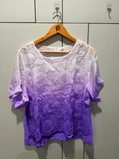 [2830] Ombre Lavender Purple Floral Embroidered Free Size Linen Top