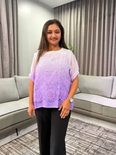 [2830] Ombre Lavender Purple Floral Embroidered Free Size Linen Top