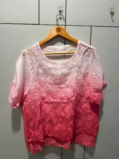 [2831] Ombre Pink Floral Embroidered Free Size Linen Top