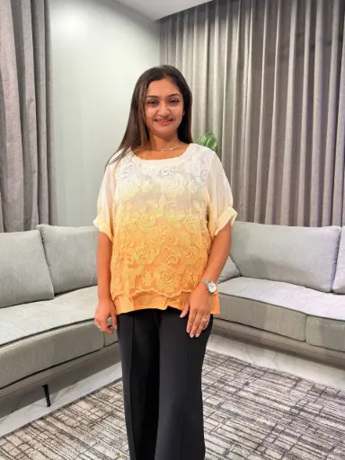 [2832] Ombre Orange Floral Embroidered Free Size Linen Top