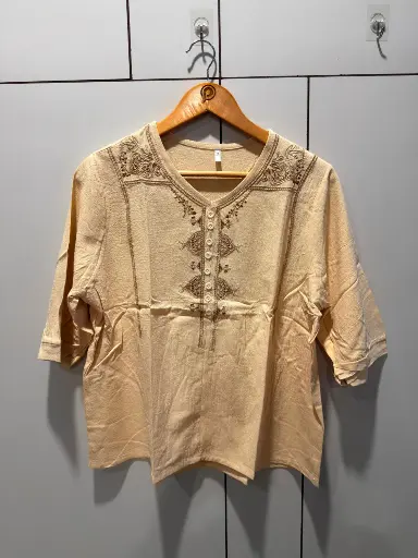 [2835] Beige Embroidered Yoke Imported Linen Top