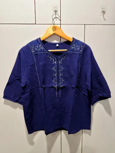 [2836] Royal Blue Embroidered Yoke Imported Linen Top
