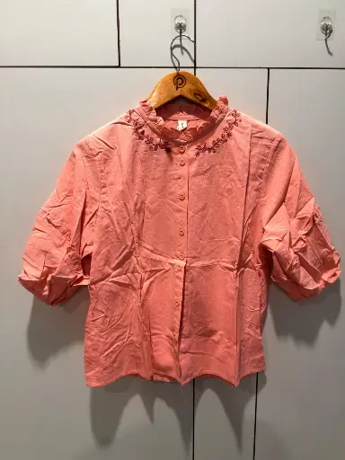 [2838] Peach Coral Ruffle Collar Embroidered Free Size Linen Shirt Top