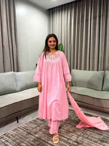 [2852] Baby Pink Floral Embroidered Mull Cotton Kurta Set with Dupatta