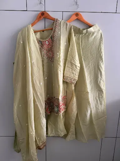 [2856] Ivory pista Heritage Pure Silk Indo-Western Set