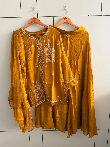 [2858] Mustard Royale Pure Chinon Indo-Western Set