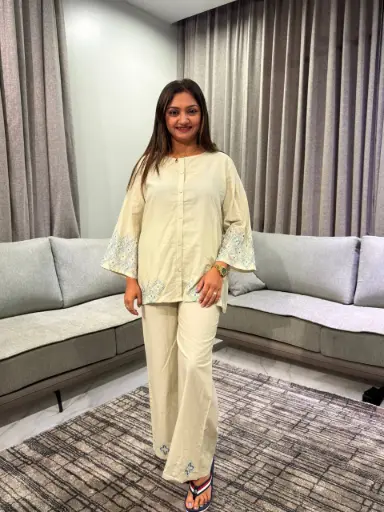 [2865] Sage Green Embroidered Border Soft Cotton Co-ord Set