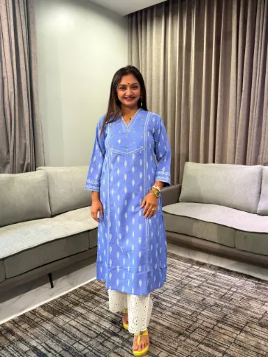 [2867] Indigo Blue Leaf Printed Cotton Kurta with Chikankari Palazzo Set