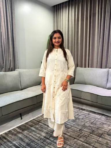 [2871] Beige Floral Line Embroidered Soft Cotton Shirt Kurta Set