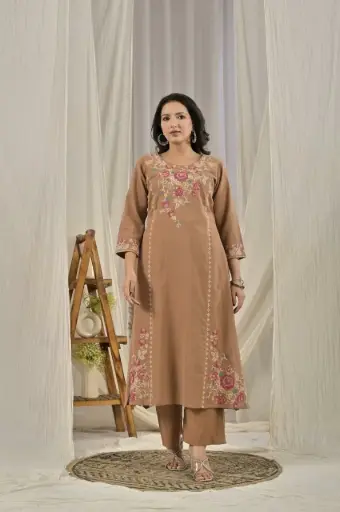 [2873] Beige-Brown Floral Threadwork Embroidered Soft Cotton Kurta Set
