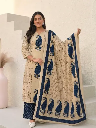 [2881] Indigo Paisley Printed Pure Soft Cotton Kurta Set with Palazzo & Dupatta