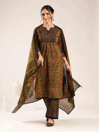 [2882] Olive Green Floral Printed Cotton Kurta Set with Checkered Palazzo & Dupatta