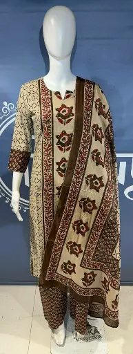 [2886] Beige Maroon Floral Printed Cotton Straight Kurta Palazzo Set