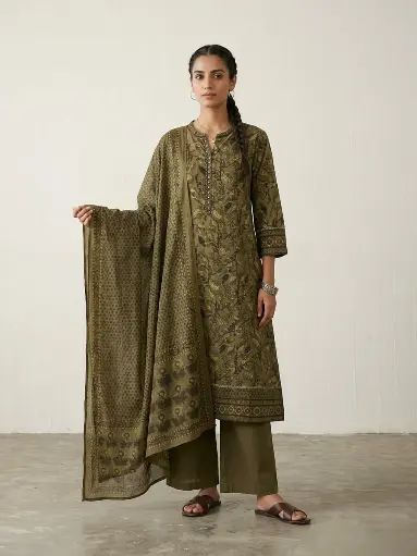 [2888] Olive Heritage Botanical Pure Cotton Kurta Set